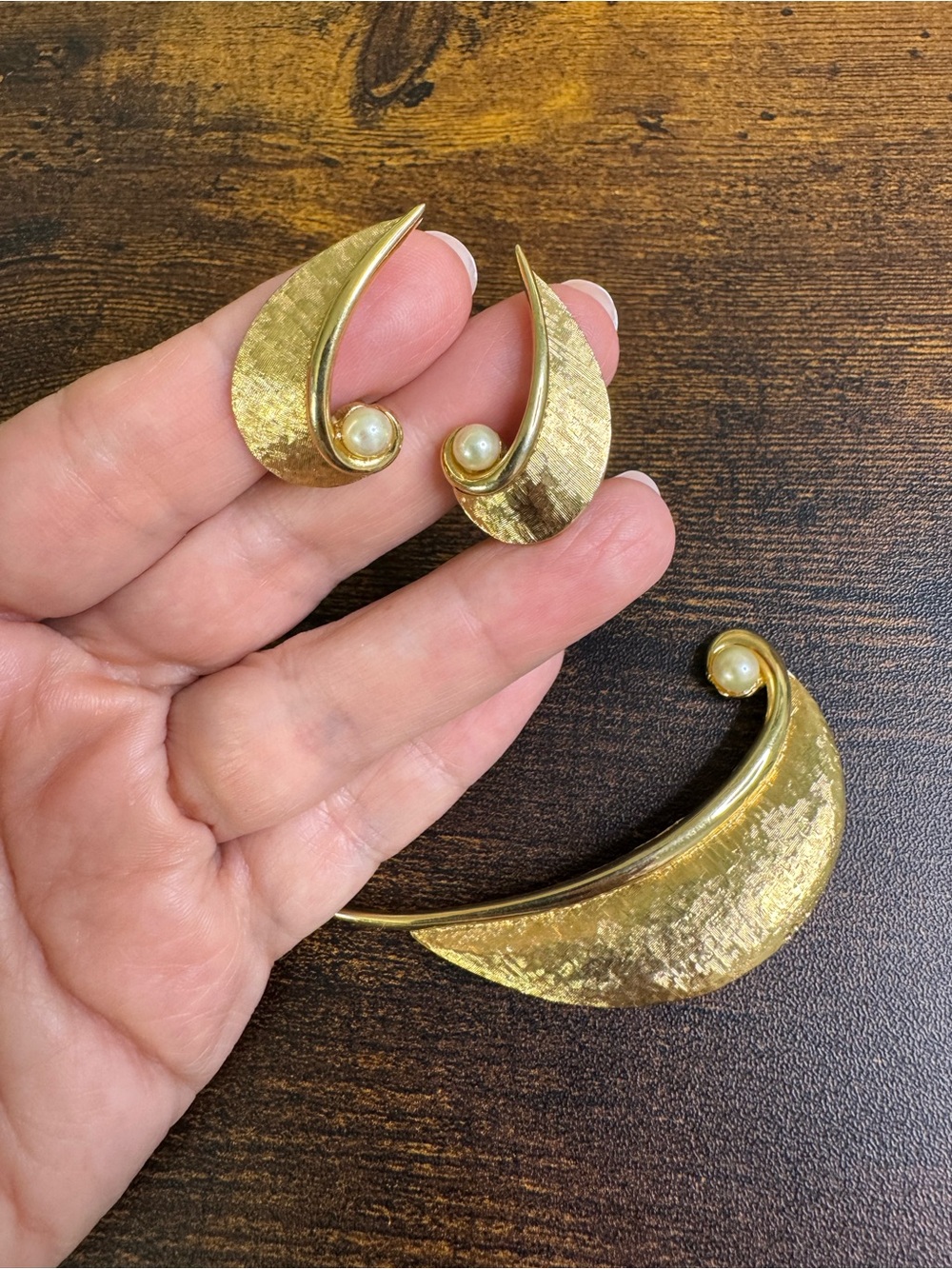 Marcel Boucher Gold Pearl Accent Crescent Brooch and Clip Earrings Set - Vintage